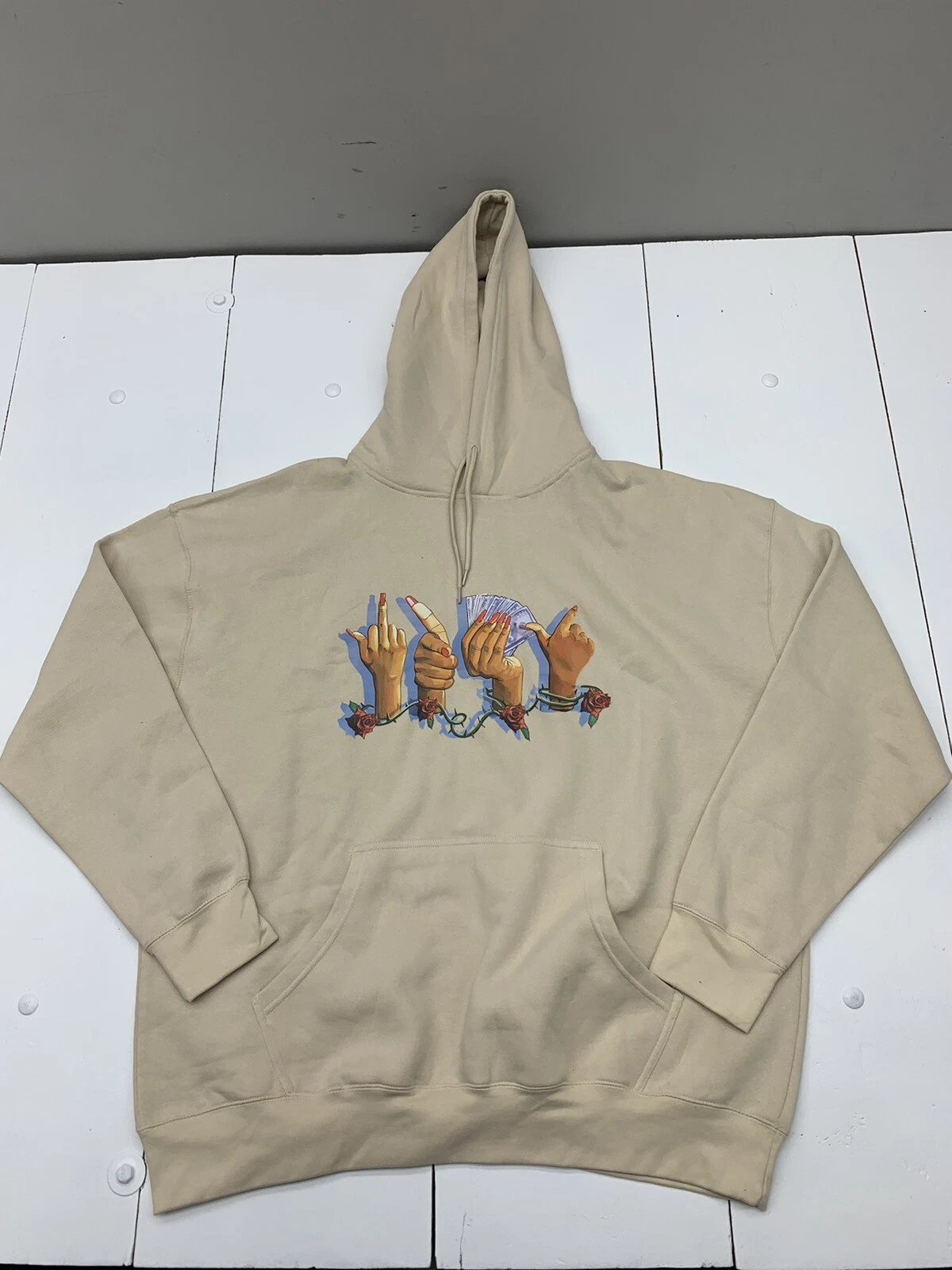 Mens Custom Finger Graphic Print Beige Pullover Hoodie Size 3XL