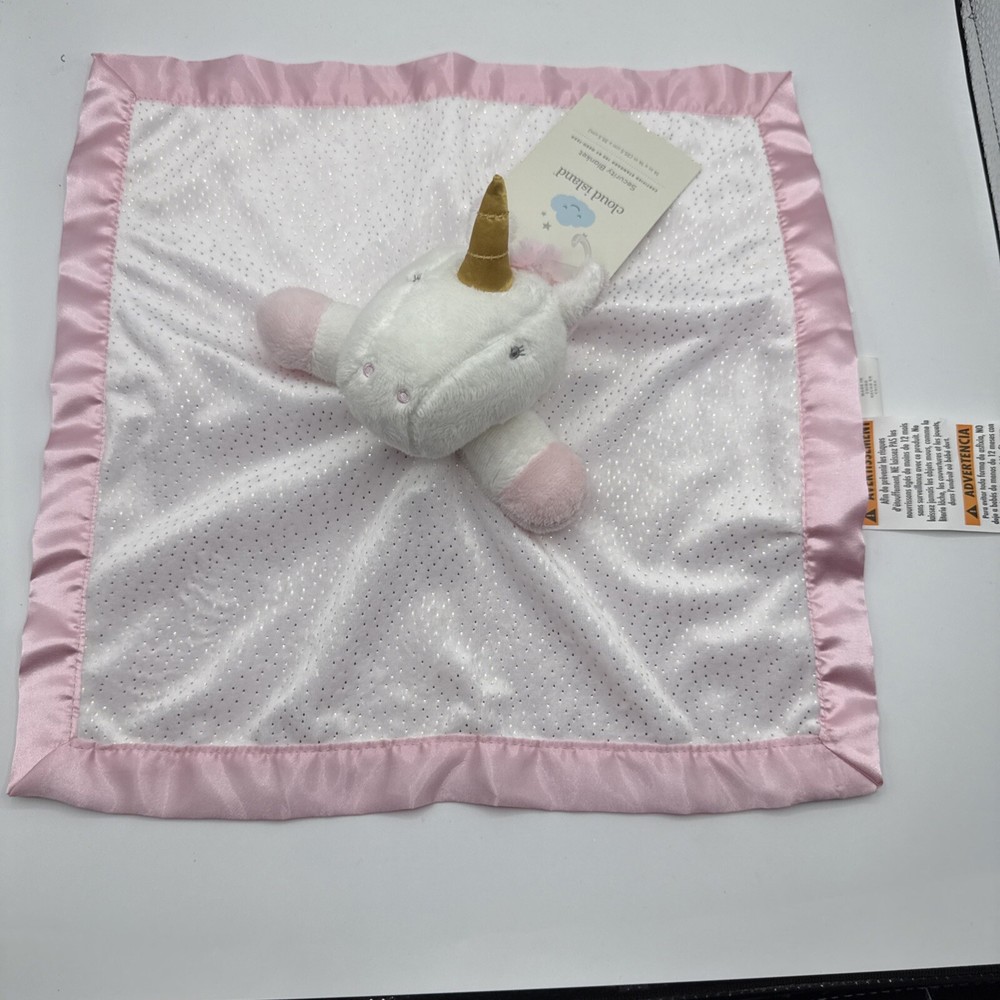 New Cloud Island Unicorn Security Blanket Lovey White Gold Speckles Pink Trim