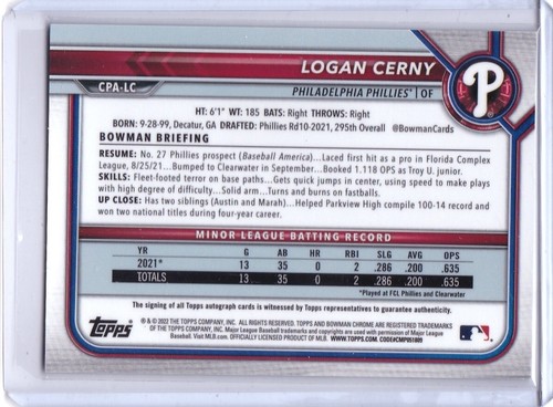 2022 Bowman Chrome - Prospect Autographs Logan Cerny #CPA-LC (AU, RC) - Foto 2 di 3