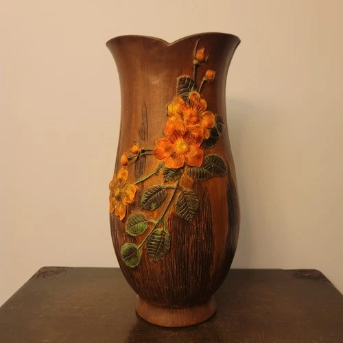 Vtg Studio Art Pottery Textured Vase, 3D Flowers, Resembles Roseville Pottery