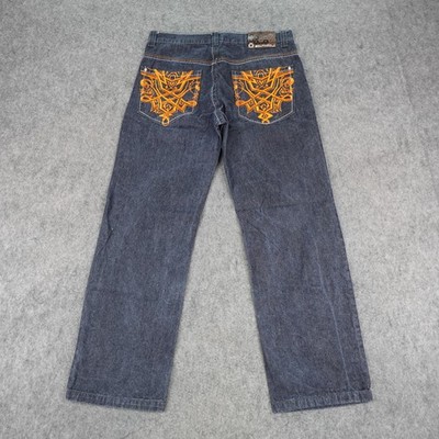 Vintage Southpole Jeans Mens 36x32 Blue Denim Orange Embroidered