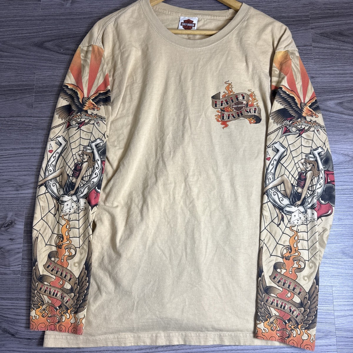 Vintage Y2K Harley Davidson Crazy Spider Web Tattoo Long Sleeve Shirt Sz Large