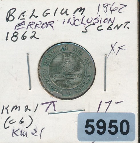 Belgium - 1862 LION - 5 CENTS - OBVERSE _CUD" MINT ERROR - #5950 - XF