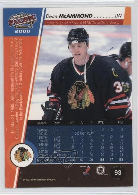 1999-00 Pacific Dean McAmmond #93 - Image 2 of 2