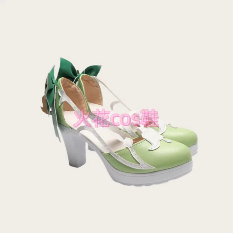 Genshin Impact Cosplay Emilie High Heels w/Green Bow Tie Halloween Prop Shoes - Image 4 of 4