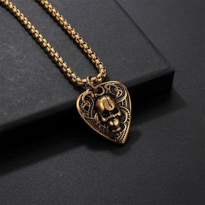 Men's Skull Guitar Pick Necklace Punk Rock Stainless Steel Guitar