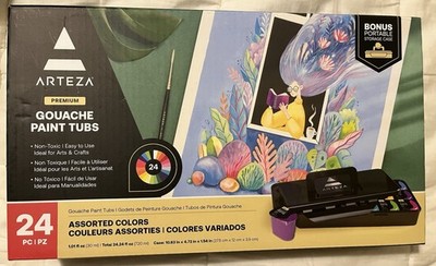 Arteza 24 Premium Color Gouache Paint Tubs 1 oz. with Portable storage case