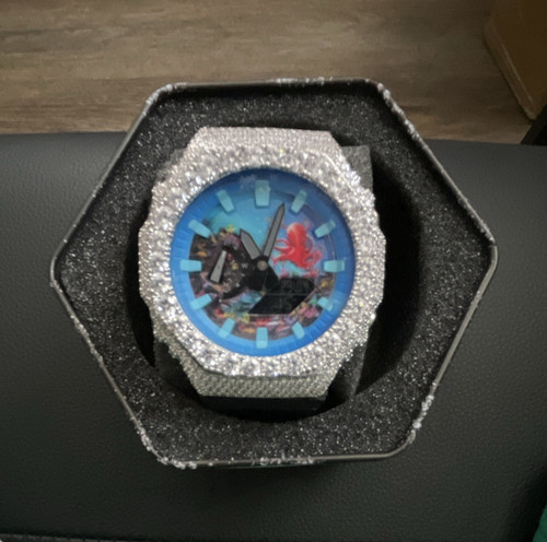 Octagon Analog Wristwatch Blue Dial Silver Tone Iced Bezel Black Rubber Strap