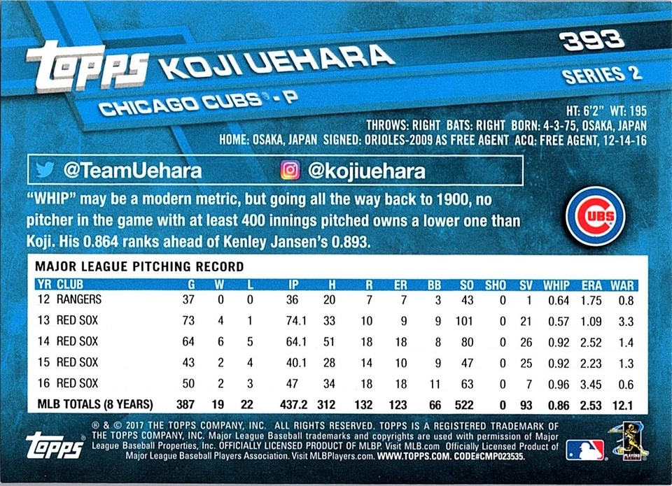 Koji Uehara 2017 Topps #393 Chicago Cubs - Image 2 of 2