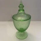 Vintage Green Crackle Glass Candy Jar with Lid Depression Glass