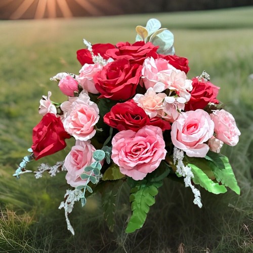 Cemetery Flowers Spring Sympathy Grave Artificial Arrangement Roses Pink Red