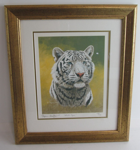Stephen Greyford Print 579/1250 White Tiger In Gold Coloured Fame Approx.38x44Cm