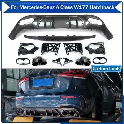 A45 Style Rear Diffuser W/Exhaust Tips Carbon Look For 18-22 BENZ W177 A200 A250