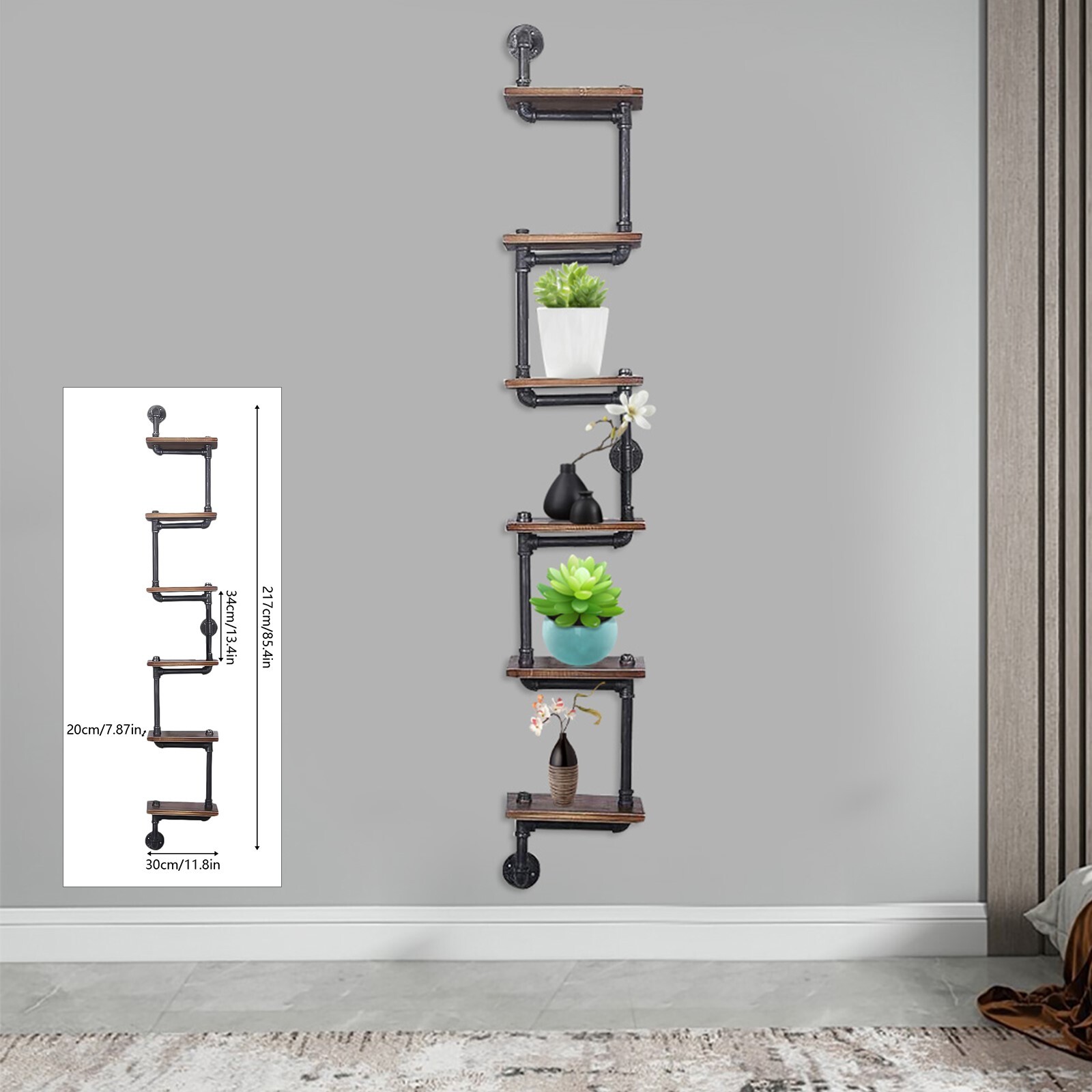 6-Tier Wooden Industrial Pipe Ladder Bookcase Floating Shelves  