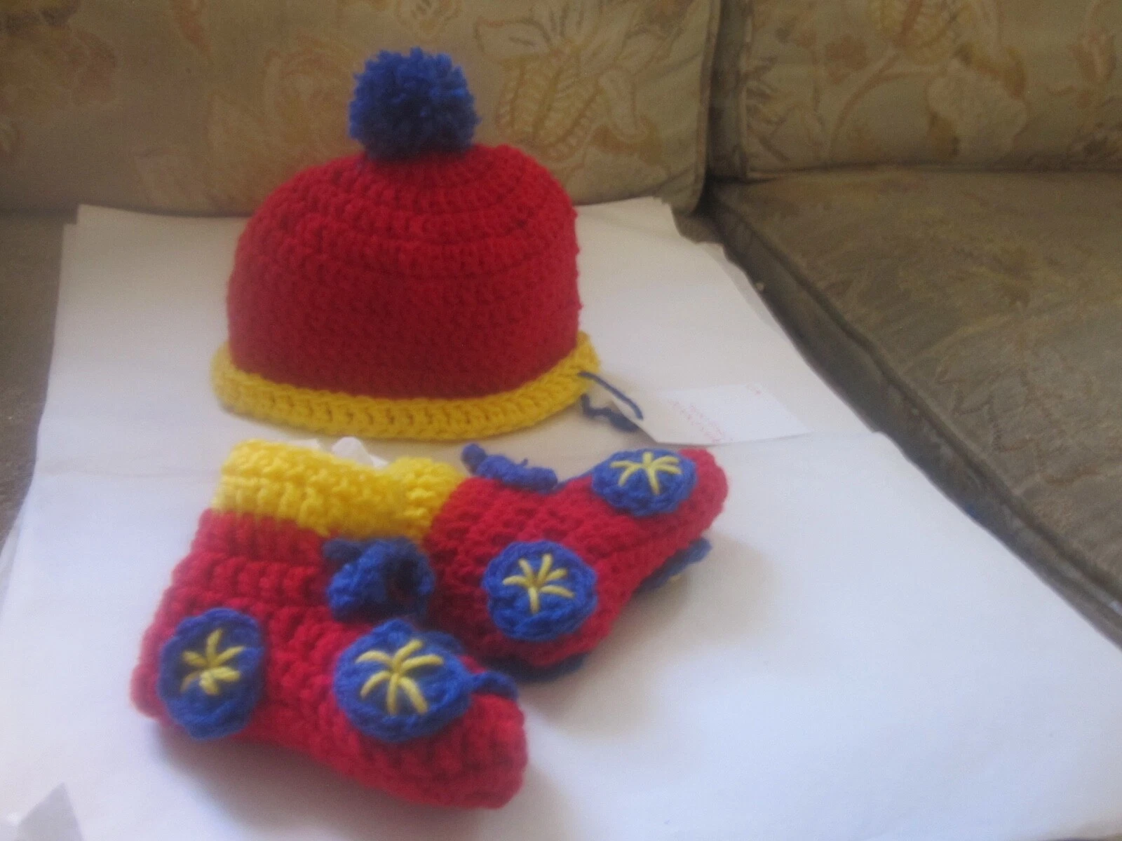 Pompom Beanie Roller Skates Booties Set Crochet Handmade Red Yellow Blue 6-9 mo