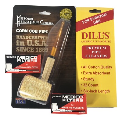 Missouri Meerschaum ''STRAIGHT'' Corn Cob Pipe Dill's Cleaners & Medico Filters