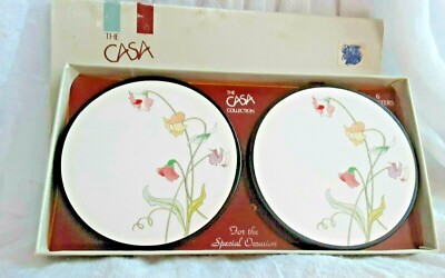 6 CASA COLLECTION VINTAGE DRINK COASTERS IRIS ORIGINAL BOX CORK BACKING BARWARE 