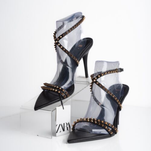 Zara Womens Black Strappy High Heels Sandals Leather Spike Studs US 10 EU 41 NWT