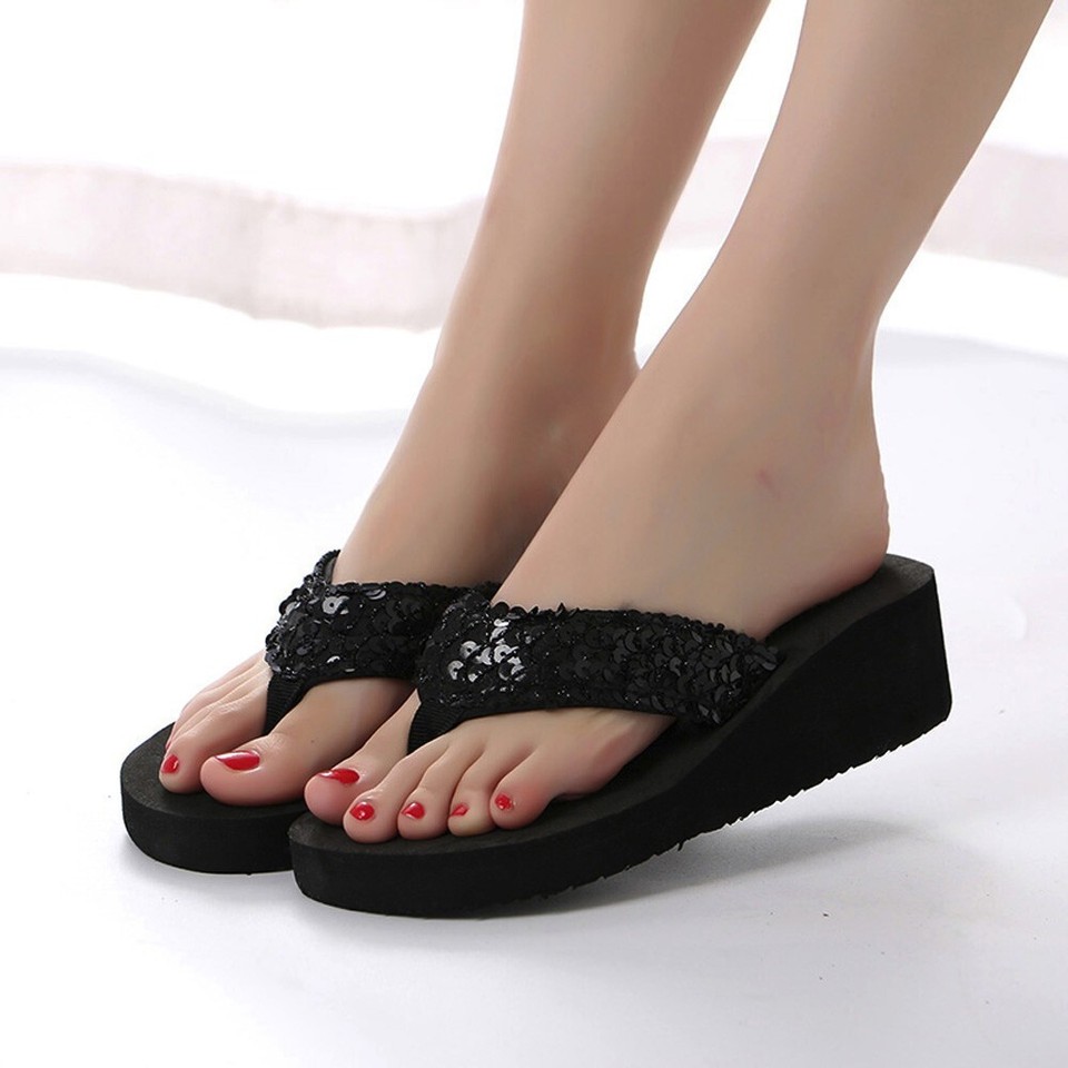 Wedge Flip Flop Sandals for Women Black Platform Sparkle Flip Flops