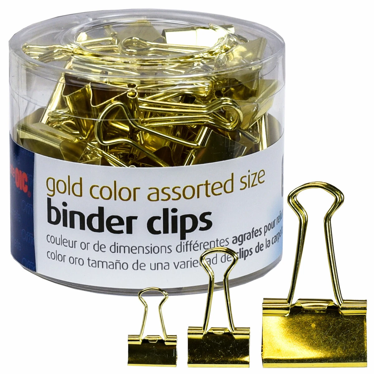 Officemate OIC 31022 Gold Color Assorted Size Binder Clips Tub of 30