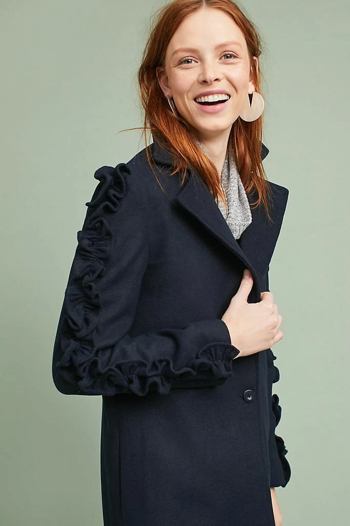 NEW ANTHROPOLOGIE THE FIFTH LABEL NAVY RUFFLED SLEEVE COAT SZ S SMALL