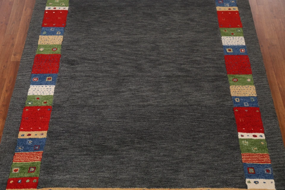 Bordered Artisan-crafted Grey Gabbeh Rug Wool Hand-tufted Carpet 5x8 ft - Image 4 of 4