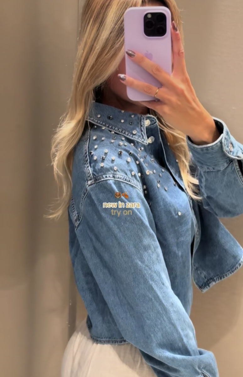 ZARA デコレーションアクセサリー NWT ZARA Z1975 Jewel Bead Appliqués Cropped Denim Shirt Mid-Blue