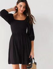 V by Very Shirred Smock Mini Dress Women UK 16 Black Puff Sleeve Square Neck