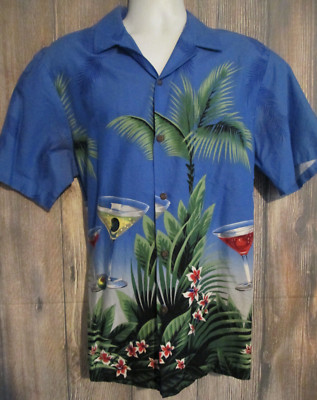 RJC Hawaiian Aloha Button Front Shirt Blue Floral Cocktails  Mens L Party Casual