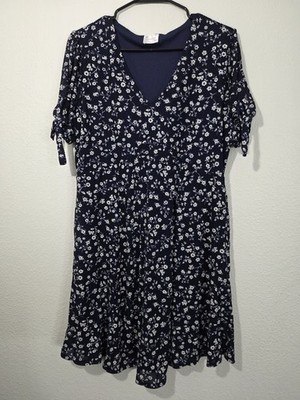 Siren Lily Women's Navy Floral V-Neck Dress Sz XL Short Sleeve Tie Detail Lined