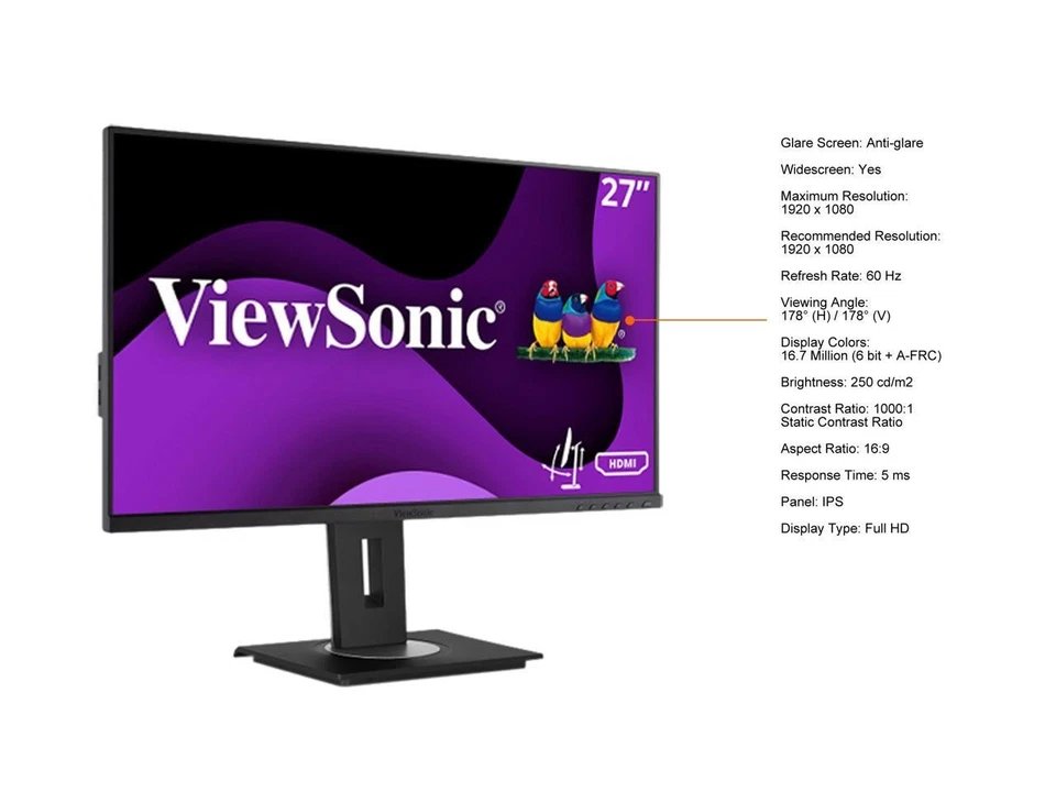 ViewSonic VG2748A 27 Inch IPS 1080p Ergonomic Monitor with Ultra-Thin Bezels, - Image 4 of 4
