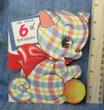 PASTEL PLAID CAT Vintage Forget-Me-Not Birthday Greeting Card 1950's OS31