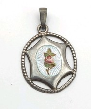 Charles Horner Guilloche Enamel Pendant Pink Rose Sterling Silver 925 Blue