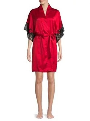 NATORI Plume Wrap Short Robe Red w/ Black Lace L XL MSRP $160 NEW