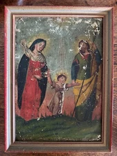 19th Century Spanish Colonial/Mexican Icon Holy Family Oil on Tin Retablo 12x16