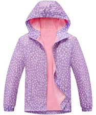 Girls Fleece Lined Rain Jacket Waterproof Hooded Raincoat 10-12 Lilac Circles
