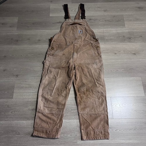 VTG Carhartt Men's Brown Canvas Double Knee Bib 102776-211 Overalls Size 38x30