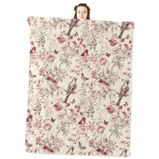 Vintage Bird Flannel Blanket,Pink Floral and Butterfly Throw 60x50 Inch Bird 04