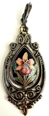 Vintage Cloisonné Enamel Iris Flower Pendant Gold Tone Art Nouveau Style