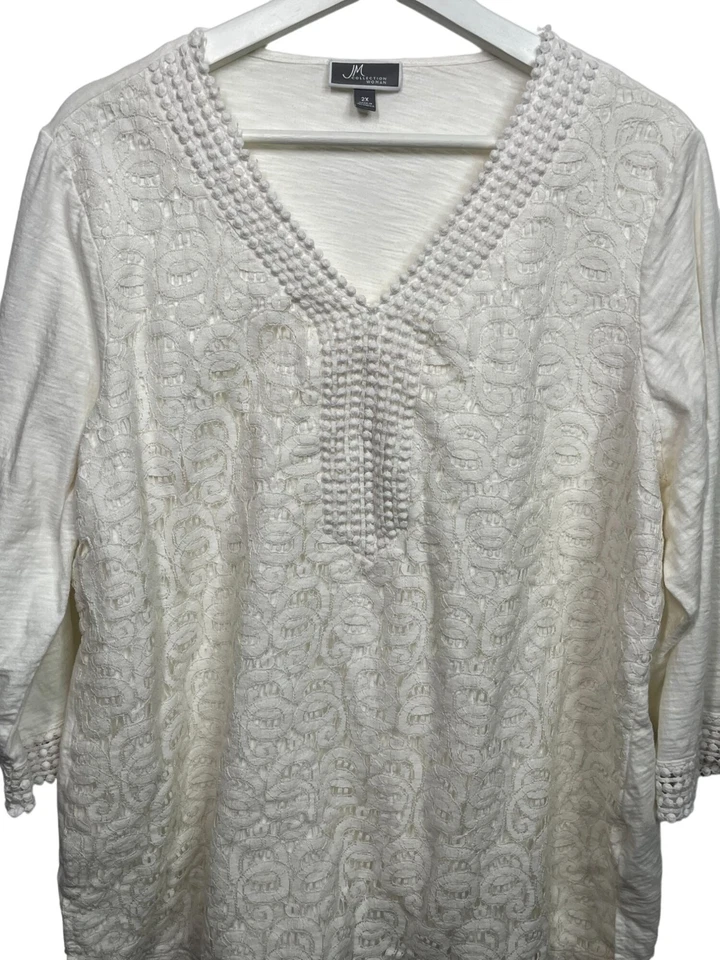 Jennifer Moore Top Plus 2X Lace Peasant Blouse White Cream Textured Boho - Image 3 of 4