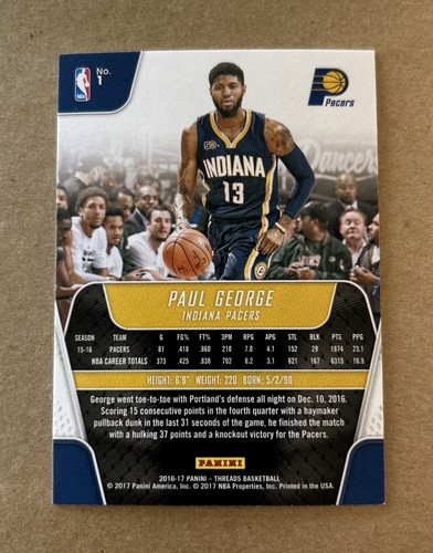 2016-17 Panini Threads #1 Paul George Basketball Card - Picture 2 of 2