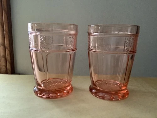 Doric Pink Tumblers 4" Jeannette Depression Glass Vtg 1930s, set of 2 glasses