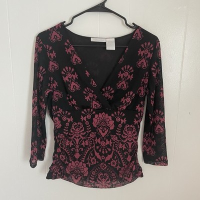 Y2K Sheer Mesh Top M Black Pink Babydoll Damask Print 2000s Emo Fairy Grunge