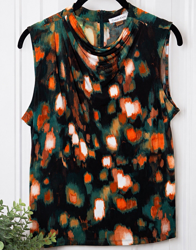 Calvin Klein Women’s XL Abstract Multicolor Cowl Neck Knit Zip Back Blouse