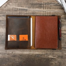 Genuine Leather Portfolio Organizer Notebook File Folder Tablet Cover For iPad