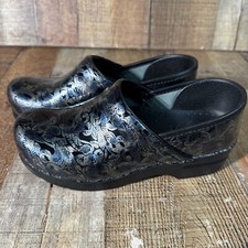 Dansko Metallic Floral Teal Black Patent Professional Work Clogs Size 38