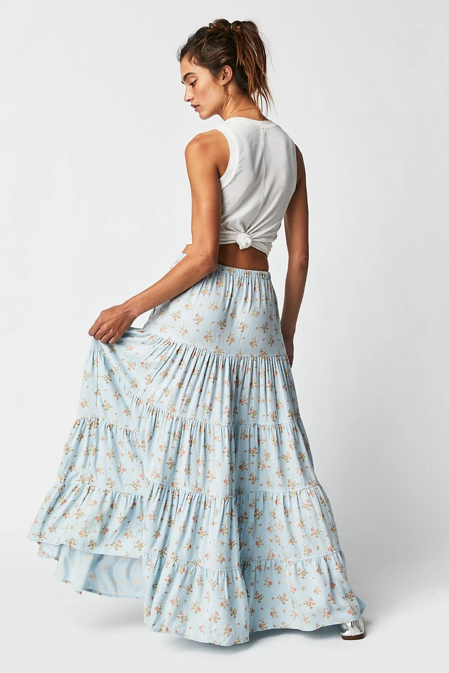 Maxi Falda Free People Nova en Niveles XS 2 Acampanada Floral Azul Algodón Gasa 42499 Foto 3 de 4