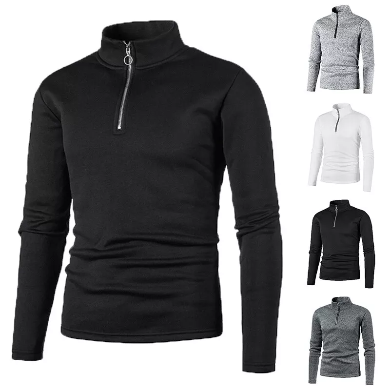 Mens Zip Up Stand Collar Pullover Sweater T Shirt Sweatshirts Long Sleeve  Hoodie