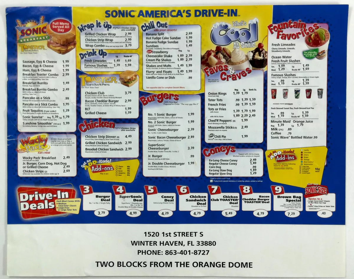 Vintage Original Menu SONIC DRIVE-IN Winter Haven Florida