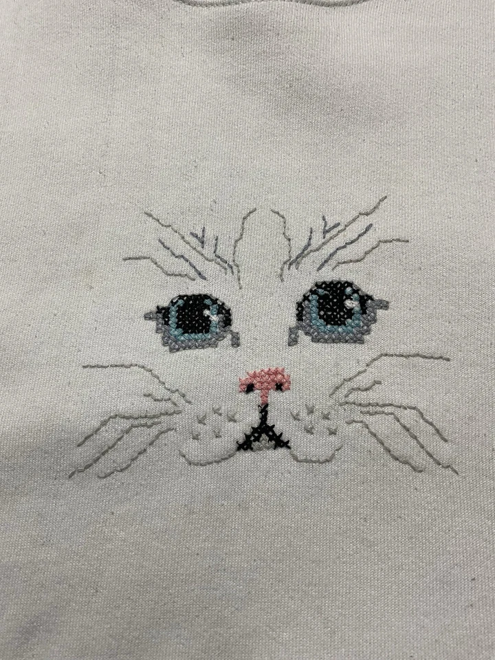 复古十字绣猫运动衫 S 码圆领奶奶 Cottagecore 90 年代 — 第 2/4 张图片